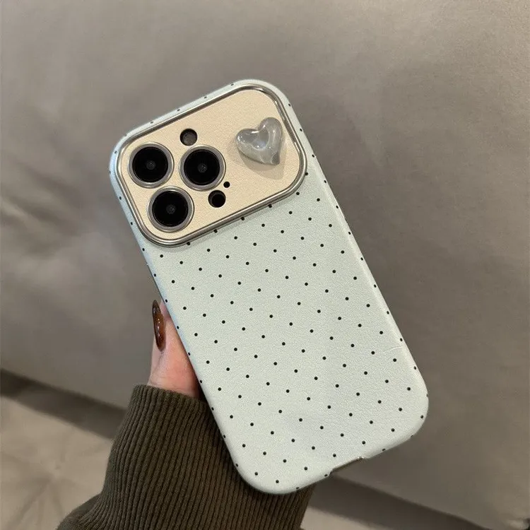 浅蓝色波点早春爱心立体适用iPhone15promax苹果14可爱13皮质12