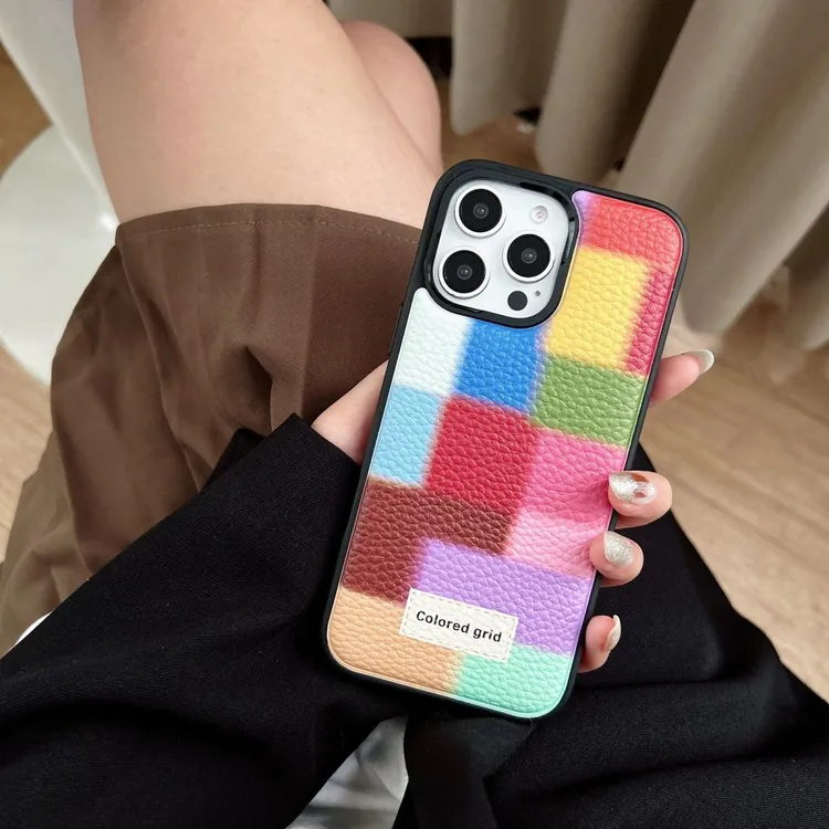 ins彩色方块适用iPhone16Promax皮纹手机壳15亮黑14Pro苹果13新款