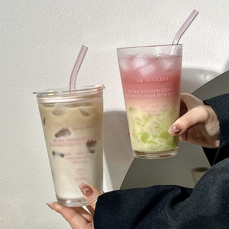 网红ins法式饮料吸管杯咖啡奶茶冷饮杯夏季女带盖大容量玻璃水杯