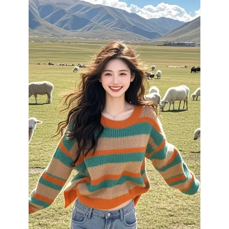 秋冬独特别致撞色条纹慵懒风毛衣针织打底衫女设计感宽松长袖上衣