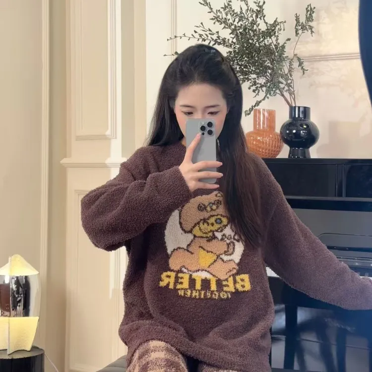 半边绒家居服小熊娜扎款泡菜熊套装秋冬新款加绒加厚卡通宽松减龄