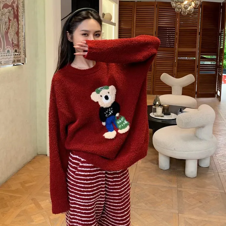 娜扎新款半边绒秋冬新款熊熊的得意加绒加厚套头高档可外穿居家服