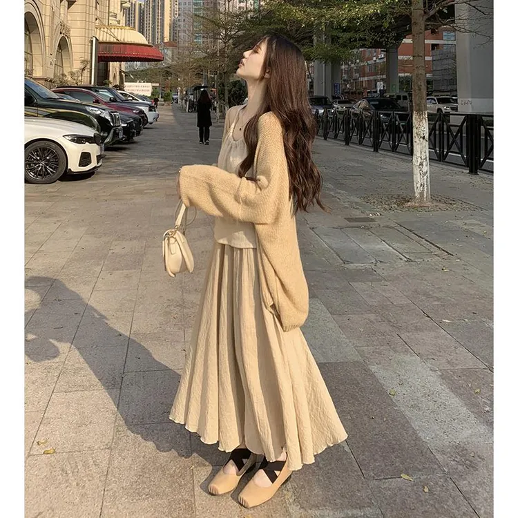 大码女装甜美温柔风长袖开衫吊带背心三件套装显瘦半身裙长裙
