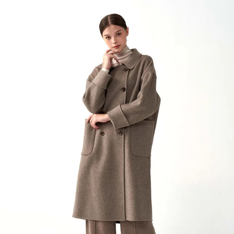 秋冬季100%羊毛休闲气质通勤翻领带兜长款双面呢大衣
