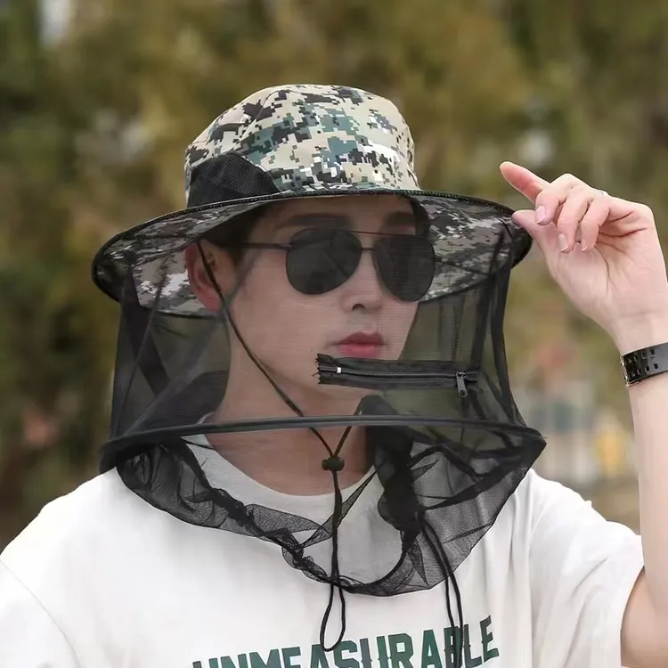 夏季户外防蚊帽子钓鱼遮阳帽遮脸透气网纱帽防蚊虫养蜂帽钓鱼纱面