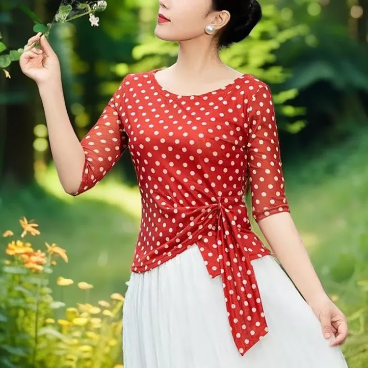 （七分袖）皮肤纱衣夏季新款小一字领波点网纱上衣T恤空调衫女显瘦
