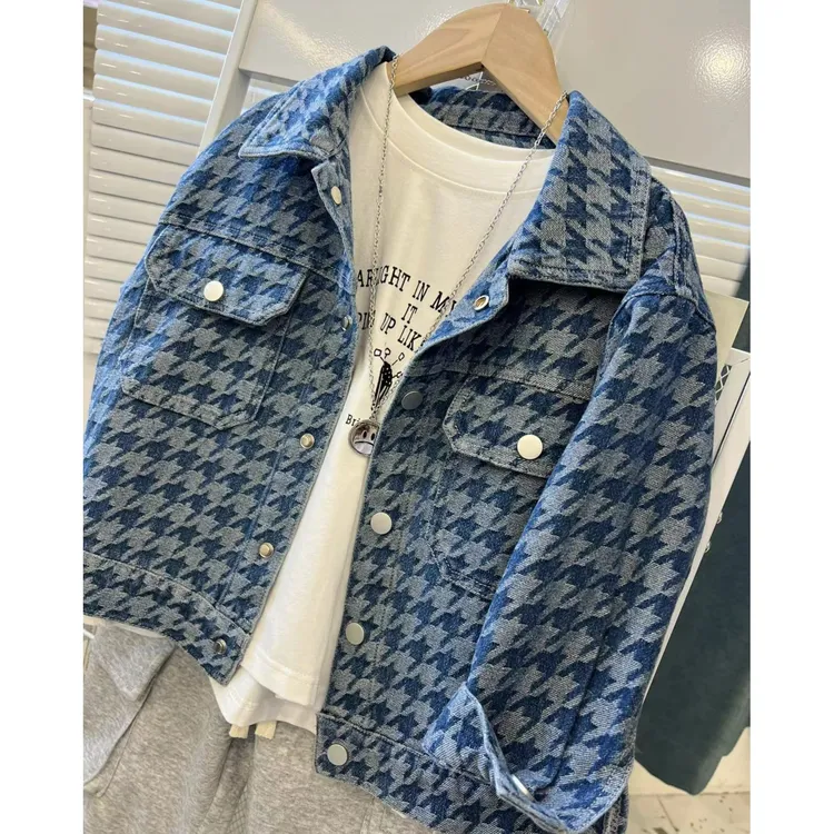 男童2024春季新款中大童千鸟格牛仔外套洋气时尚休闲韩版HT037