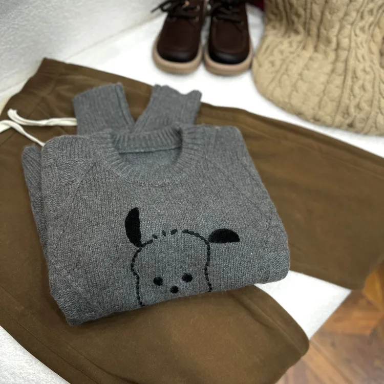 加厚绵羊毛蜜熊绒长袖针织衫毛衣加厚套头宽松圆领卡通秋冬打底