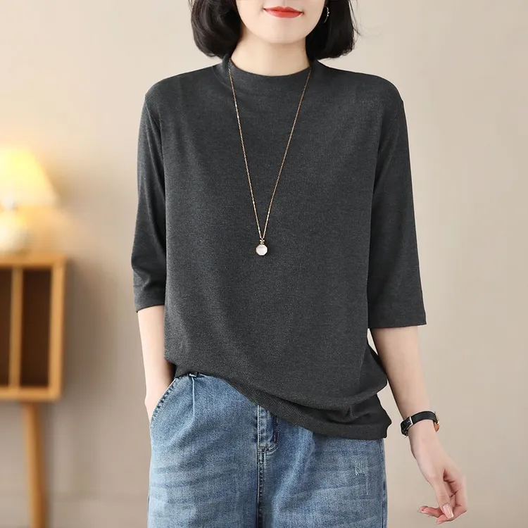 人棉螺纹五分袖T恤高弹力中袖打底衫女休闲宽松显瘦上衣大码女装