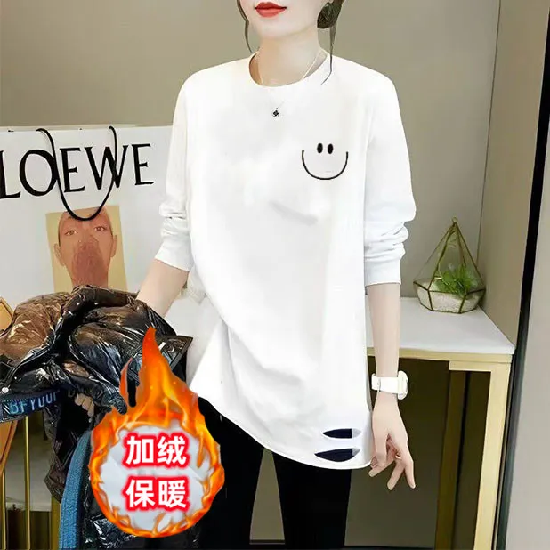 加厚德绒长袖t恤女秋冬季中长款宽松大码内搭下摆破洞上衣打底衫