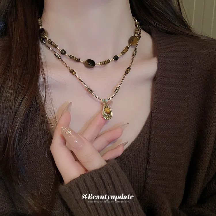 铜合金锆石项链 美拉德气质椭圆人造虎眼石款项链个性潮流毛衣链