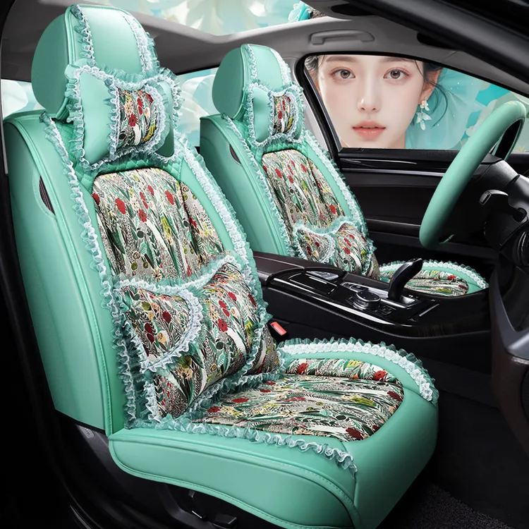 汽车坐垫女神款四季通用舒适透气网红蕾丝提花布艺女士车座套全包