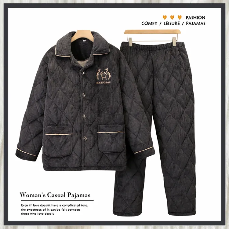 冬季牛奶绒男士睡衣三层夹棉加厚加绒珊瑚绒秋冬款家居服保暖套装