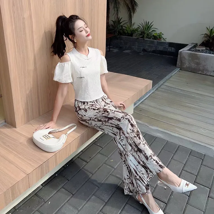 国风新中式盘扣上衣短袖衬衫2024新款女夏轻熟法式印花阔腿裤套装
