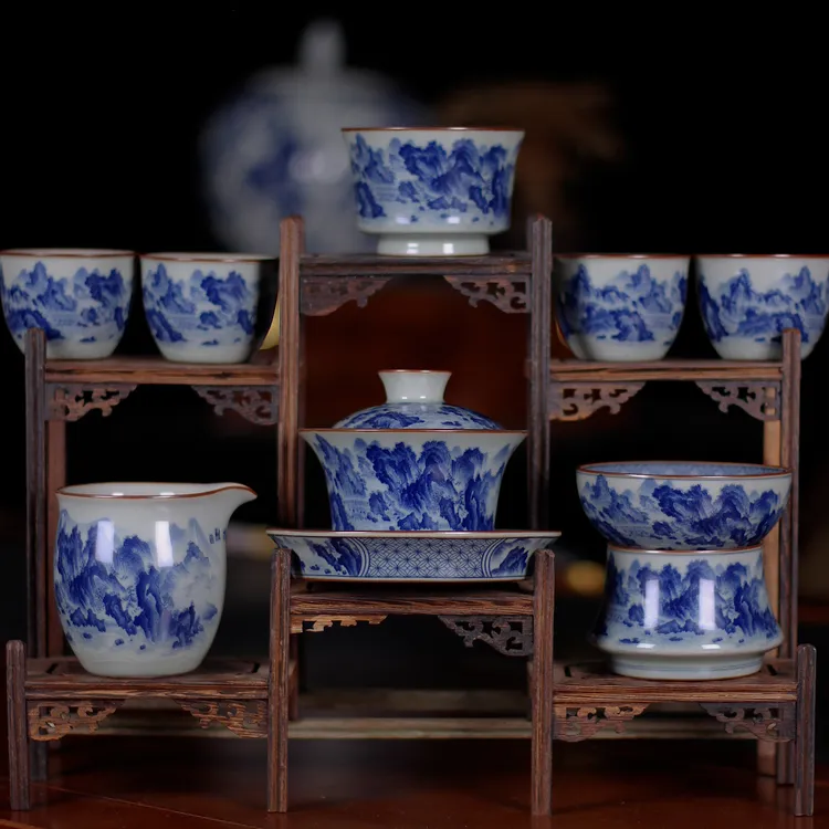 【八件套-江山揽胜】景德镇手工青花瓷山水茶具盖碗功夫茶具整全套