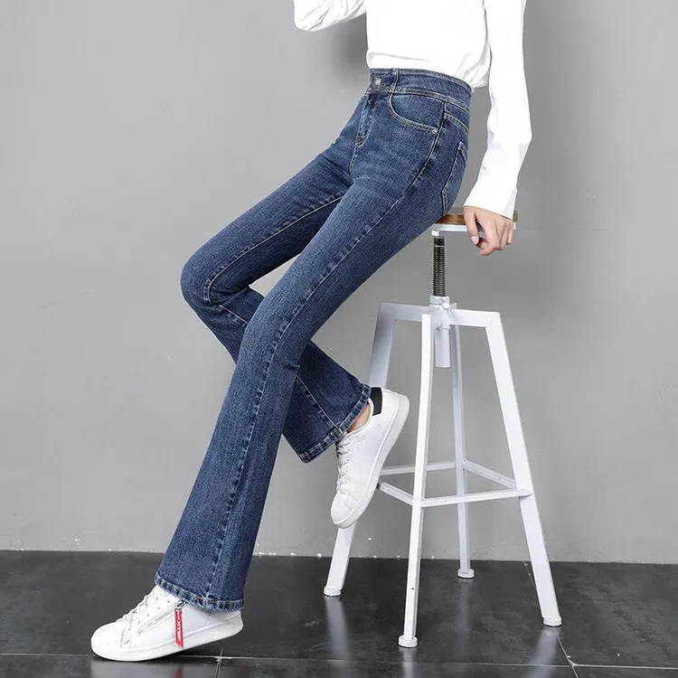 喇叭裤女秋季新款2025年大码高腰显瘦马蹄牛仔裤小个子弹力微喇裤