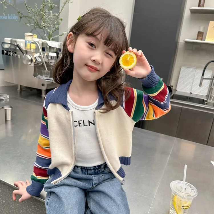 儿童开衫2025春秋季中大童韩版洋气撞色条纹儿童女童针织开衫外穿