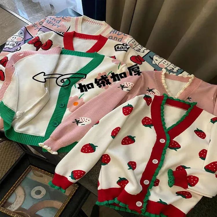 儿童复古百搭草莓蝴蝶结花朵提花V领针织KF364,KF363,KF358,KF42