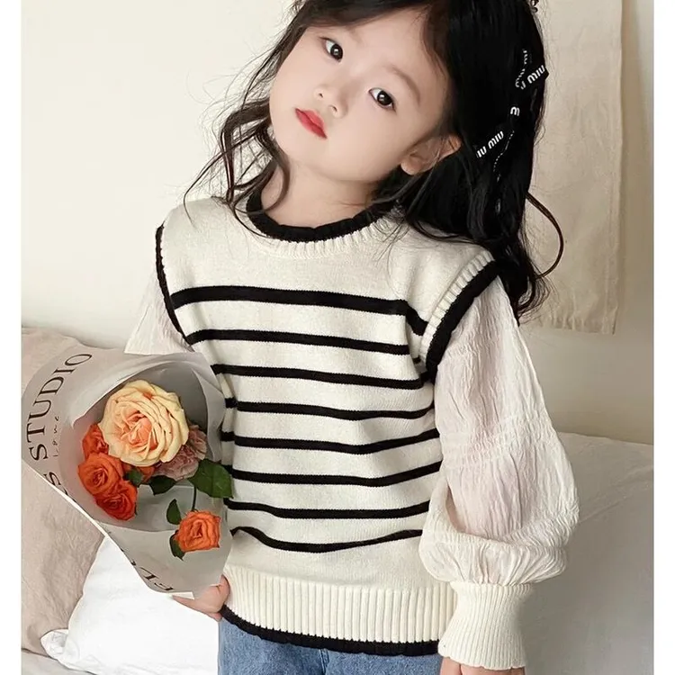 女童春秋打底针织衫毛衣假两件洋气条纹上衣公主风百搭