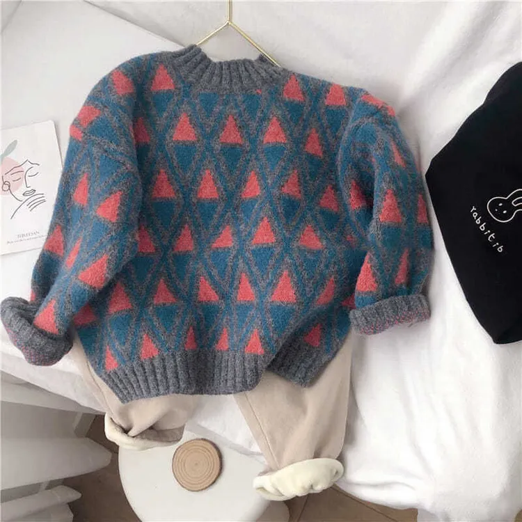 韩版ins秋冬男女童洋气毛衣宝宝套头加厚保暖圆领针织小女孩撞色