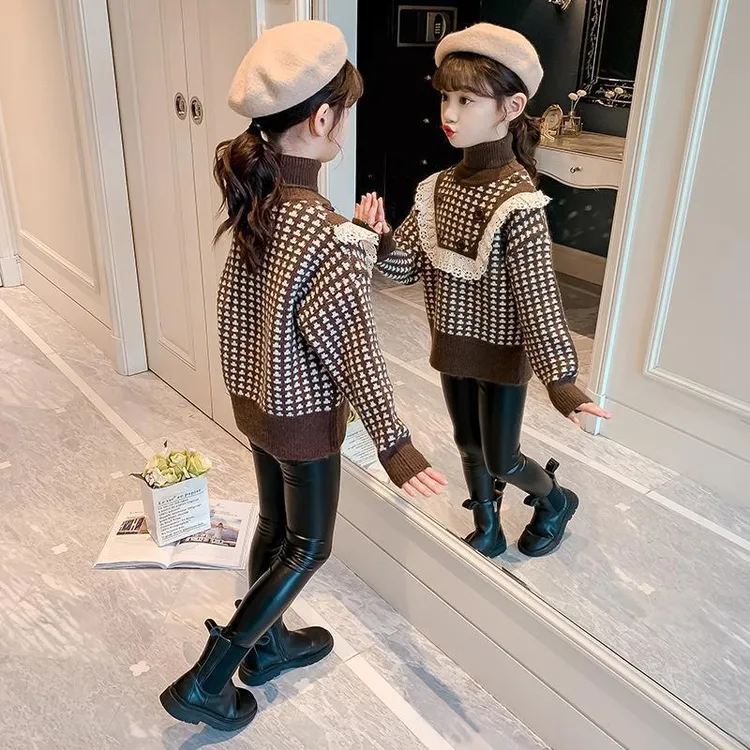 女童洋气毛衣套头2025新款儿童秋冬装女孩高领针织打底衫加厚外套