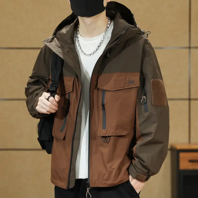 美式防泼水冲锋外套男春秋冬潮牌大码连帽户外工装夹克宽松男上衣