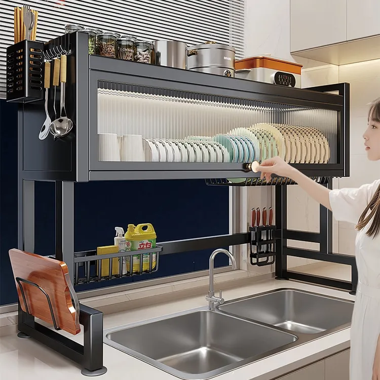 免打孔水槽置物架碗碟柜沥水台面放碗水盆碗架防尘收纳柜透明家用