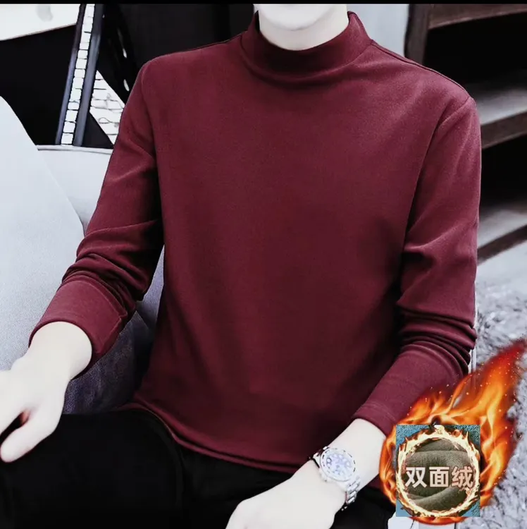 新料双面绒半高领男士打底衫保暖修身百搭加厚纯色长袖青年上衣