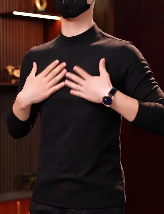 新款男士保暖双面绒半高领长袖打底衫秋冬季简约加绒厚款百搭上衣