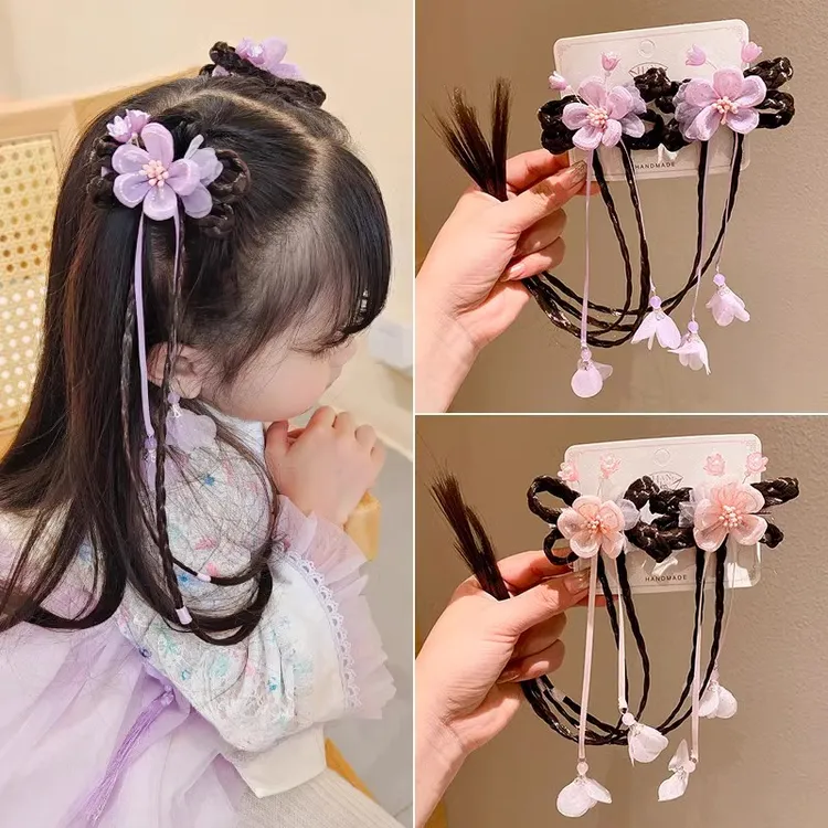 中国风女童假发花朵发卡小女孩超仙古风发夹宝宝可爱汉服夹子头饰