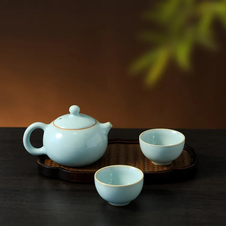 甄泽堂•原矿天青釉全手工西施壶汝窑汝瓷茶具套装茶具（送两杯）
