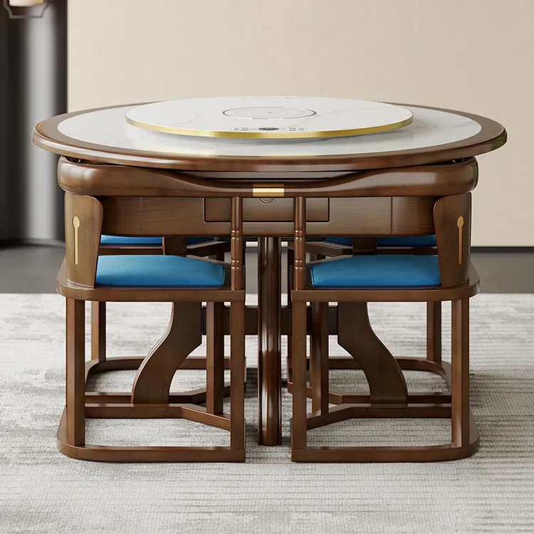 小户型岩板实木餐桌麻将桌家用多功能方圆两用全自动带电磁炉低音