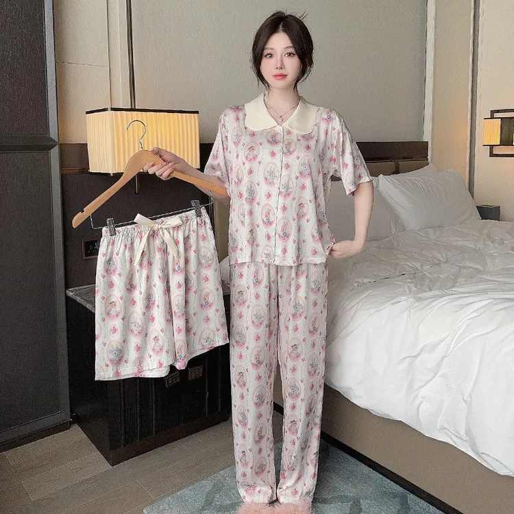 网红韩版三件套春夏新款舒适睡衣女冰雪丝甜美休闲家居服套装宽松