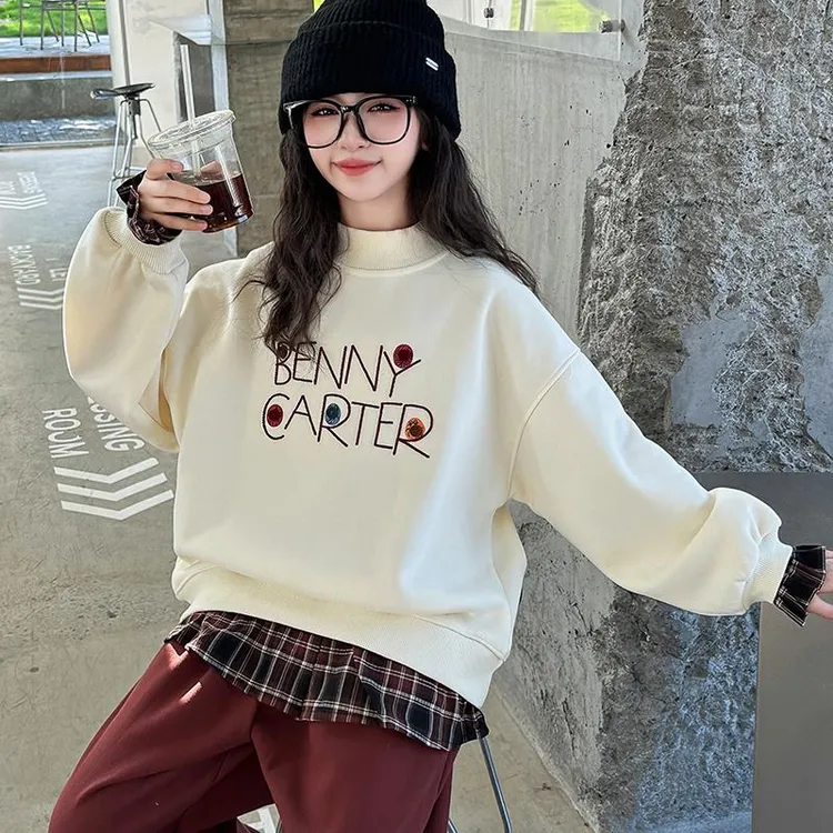 女童加绒卫衣2024新款秋冬装洋气时髦中大童休闲宽松假两件上衣潮