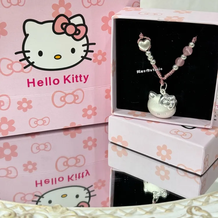 吊坠足银布 足银999kt猫头纯银爱心编绳kt项链送女朋友七夕礼物