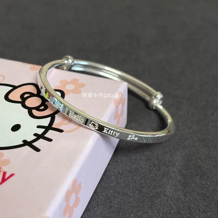 足银手镯 足银999.9hellokt纯银手镯生日礼物可爱百搭亲子手镯