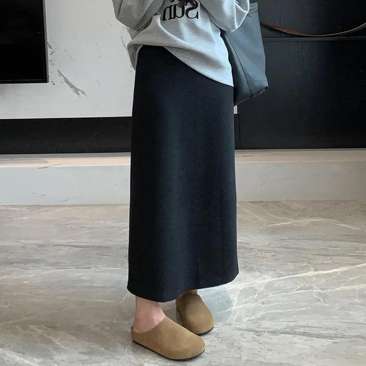 黑色毛呢纸片半身裙女秋冬大码胖妹妹高腰显瘦中长款开叉包臀裙子