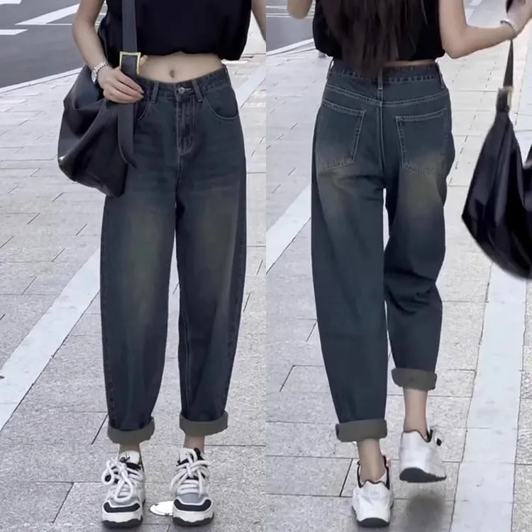 梨形身材复古老爹牛仔裤女春大码胖mm高腰显瘦老爹裤直筒哈伦百搭