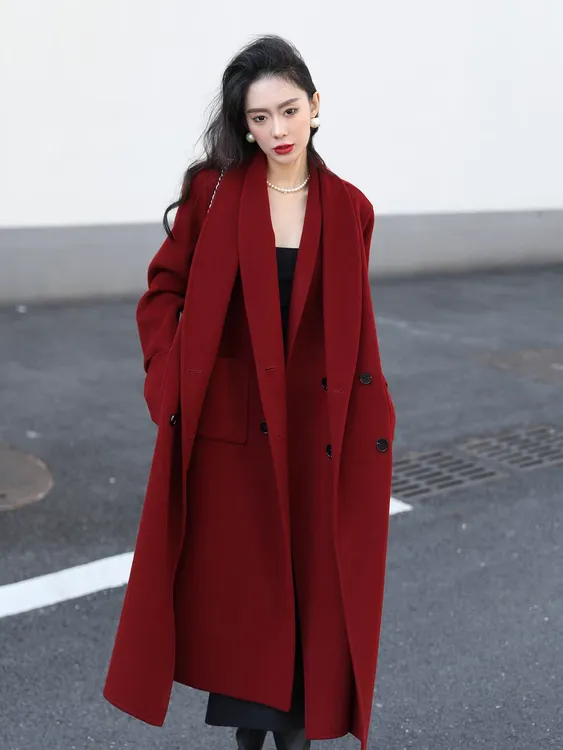 高端设计感假两件双面呢羊毛大衣女加厚红色气质优雅御寒毛呢外套