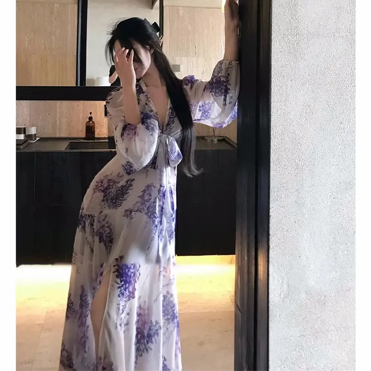 法式V领紫色碎花雪纺薄款女夏季气质收腰显瘦高级感A字长裙裙子