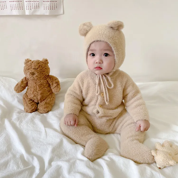 新生儿秋季连体衣男女宝宝水貂毛可爱小熊包脚爬行服幼儿保暖