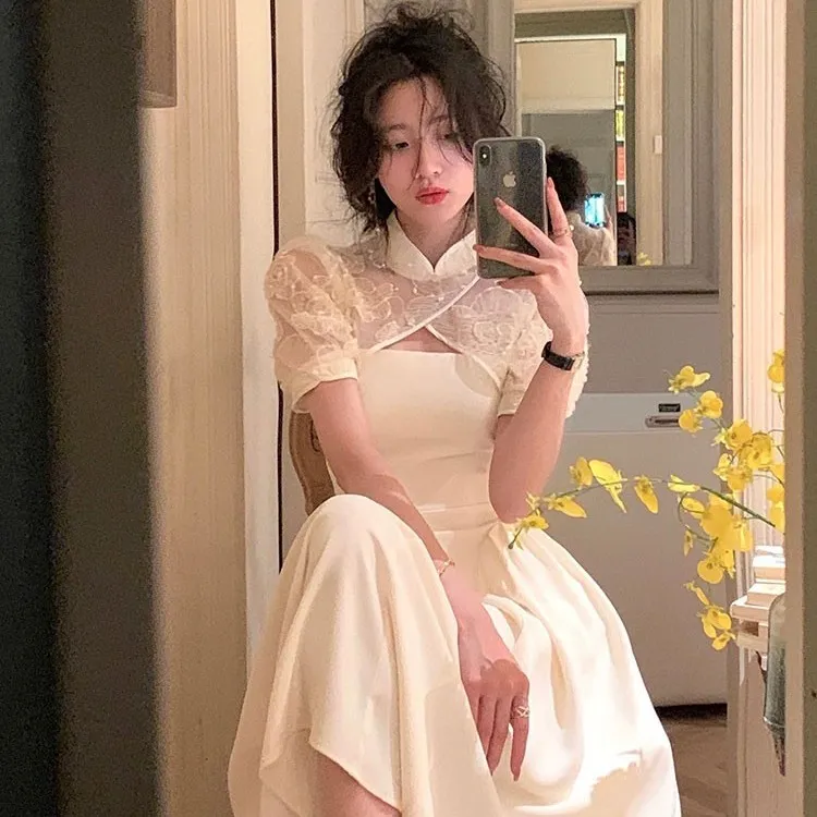 白色连衣裙女夏季一字肩法式赫本风吊带裙海边度假裙订婚小礼服裙