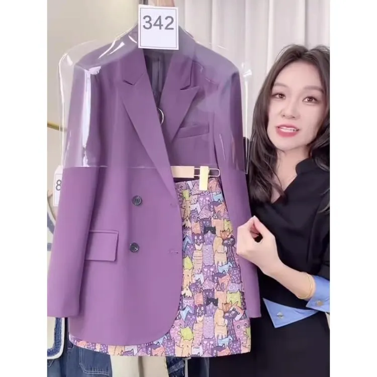 美拉德爆款2025新款时尚网红宽松时髦洋气紫色西装外套印花短裙子