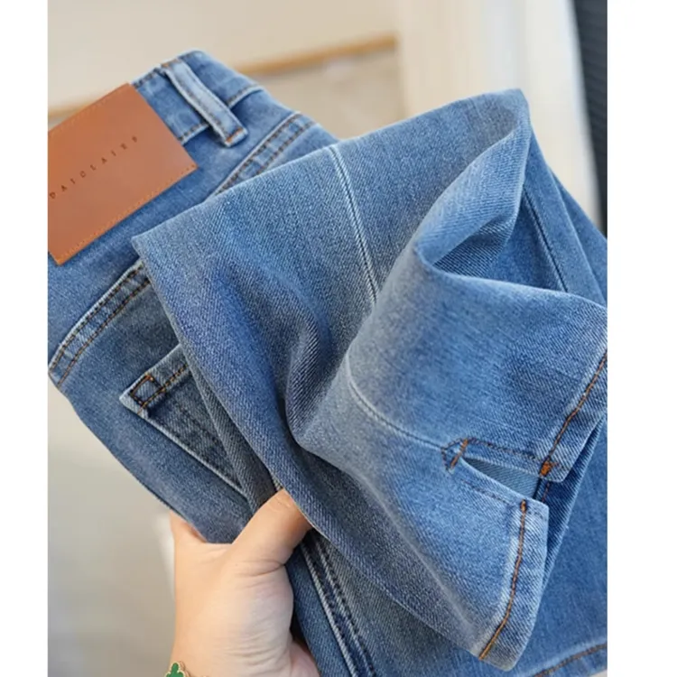 直筒牛仔裤弹力后开叉夏季薄款女装胖妹妹梨形身材显瘦九分烟管裤