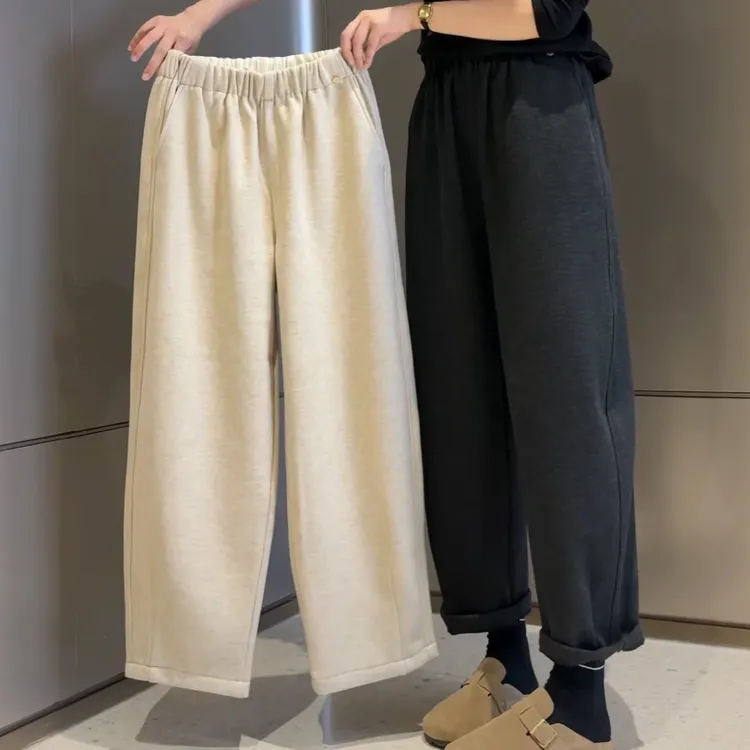 韩系松紧腰毛呢奶奶裤女冬季新款加绒显瘦九分哈伦休闲直筒阔腿裤