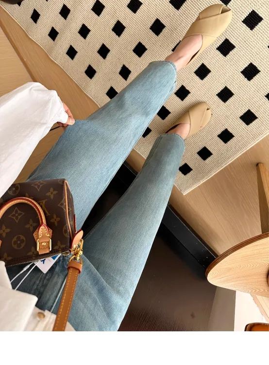 夏季弹力直筒牛仔裤女胖MM梨型身材小个子高腰显瘦九分烟管裤子