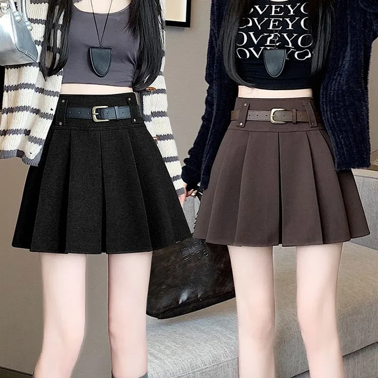 毛呢黑色百褶半身裙秋冬季2025新款高腰显瘦A字裙学院风时尚短裙