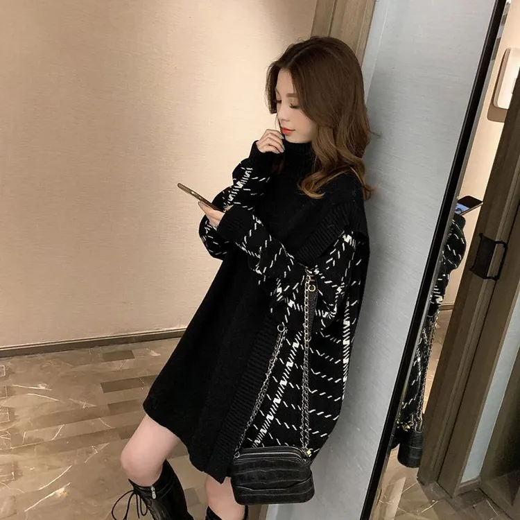 拼接假两件高领毛衣女中长款2025秋冬季新款慵懒风咖色针织衫上衣