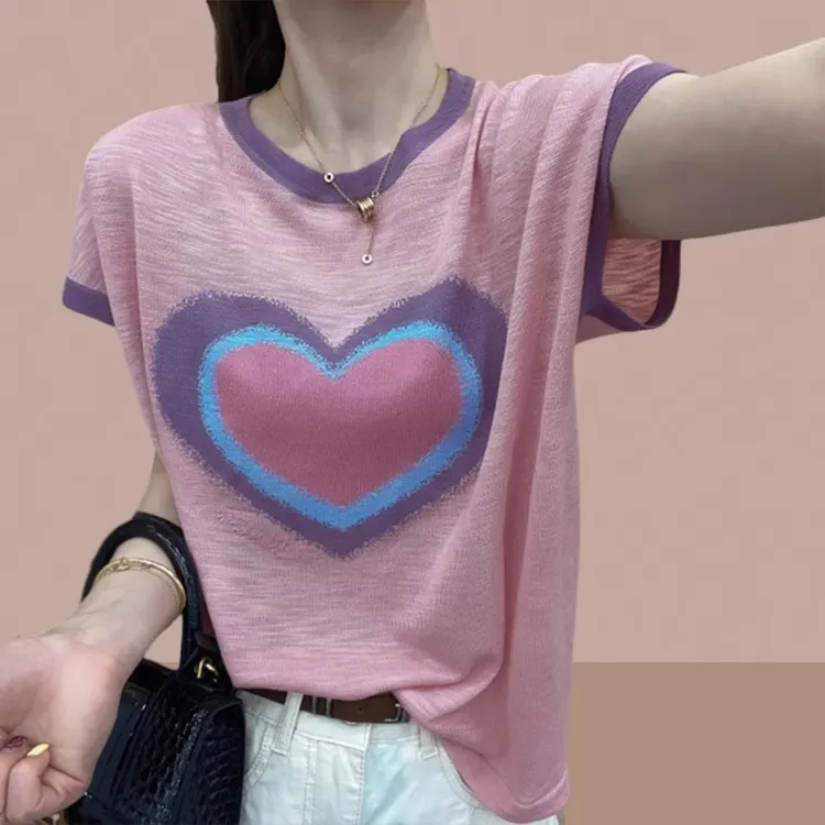 大码女装2024夏新款女士针织衫冰丝短袖t恤遮肚子小个子显瘦上衣