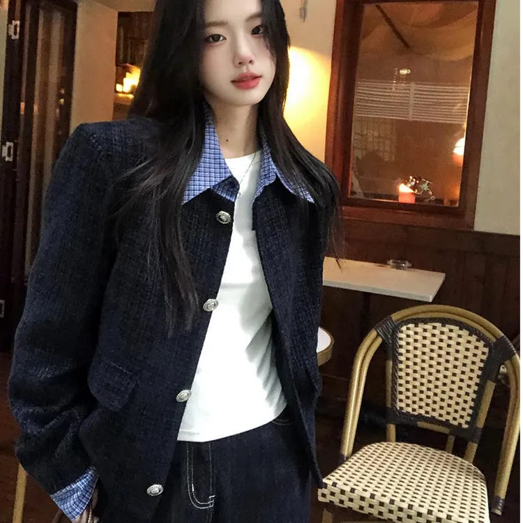 格子拼色小香风短款外套女2025春秋洋气新款时尚高级感气质粗花呢